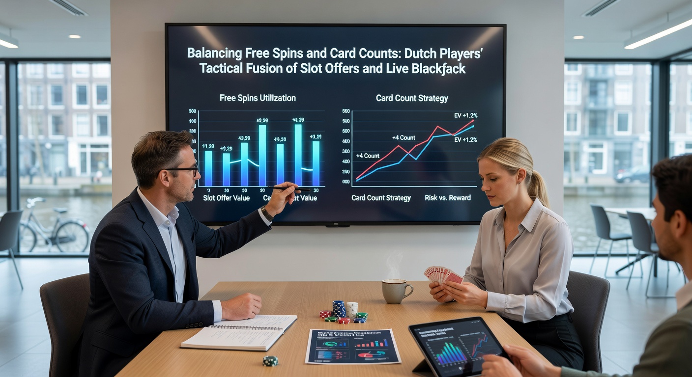 Grafiek toont bankroll-groei door afwisseling van vrijspins-sessies en blackjack-tellingen bij Nederlandse online casinos