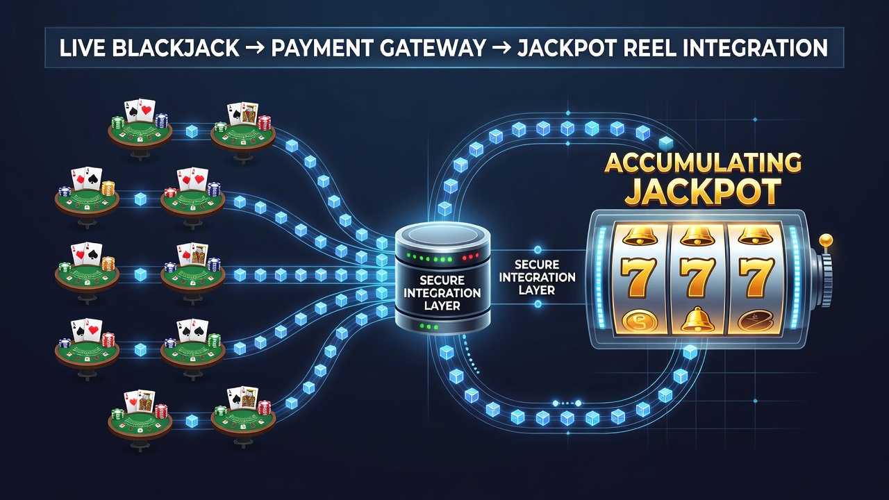 Mobiele app interface met live blackjack en gekoppelde jackpot meter