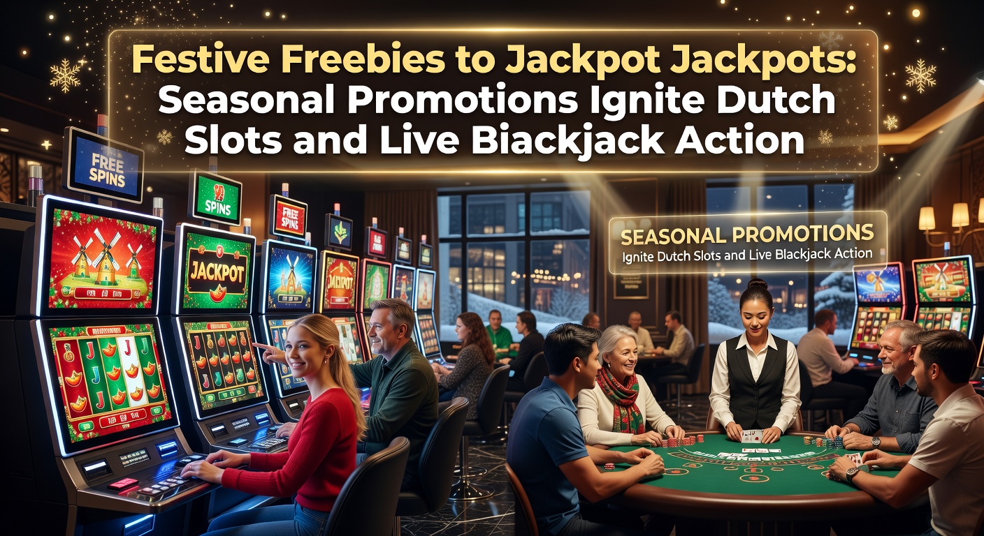 Feestelijke slots met jackpotlichten en blackjacktafels vol actie in een Nederlands casino-thema