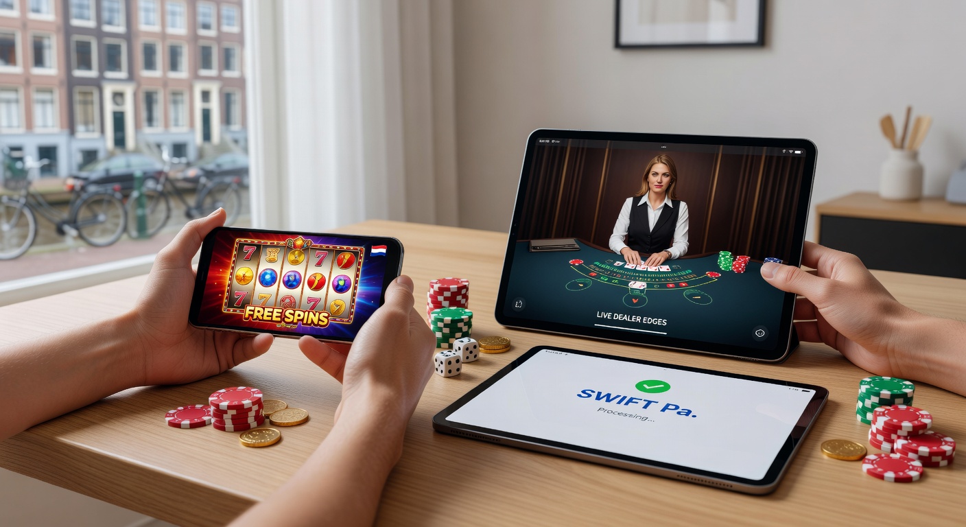 Dynamische weergave van smartphone met gelijktijdige slot free spins en live dealer blackjack, plus iDEAL-betaalopties op Nederlands casino-platform