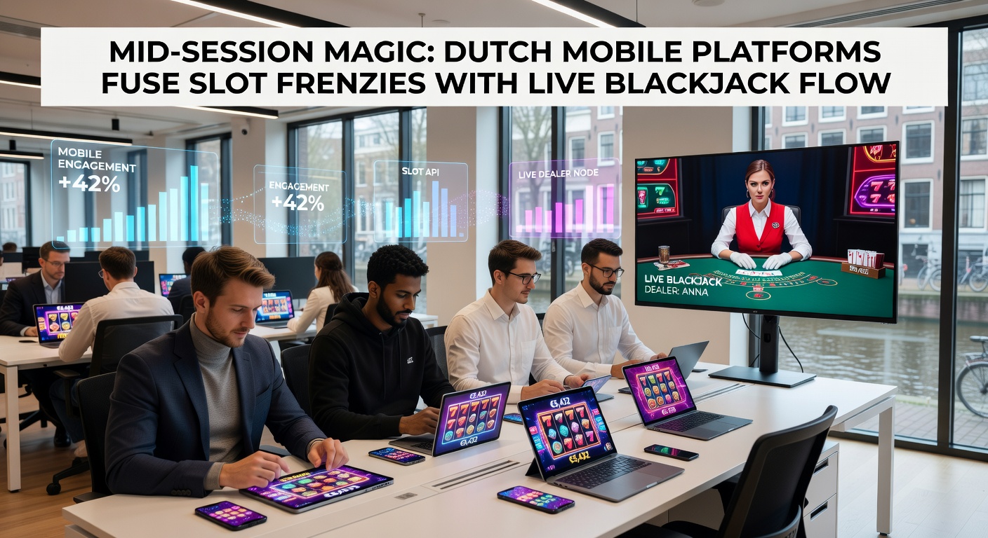 Mobiel scherm toont een speler die switcht van een bruisende slotmachine naar een live blackjacktafel, met Nederlandse vlag en casino-interface