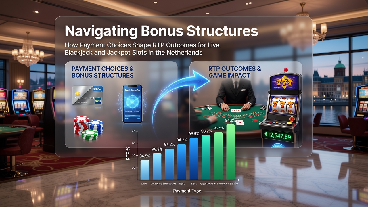 Grafiek die toont hoe bonusstructuren en betalingsmethoden RTP beïnvloeden in Nederlandse live blackjack en jackpot slots