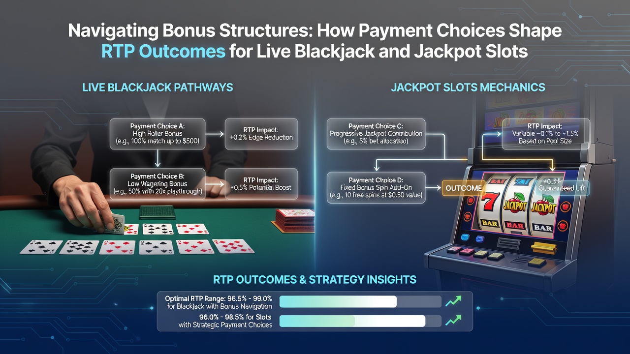 Illustratie van betalingsstromen en RTP aanpassingen in jackpot slots en live blackjack sessies