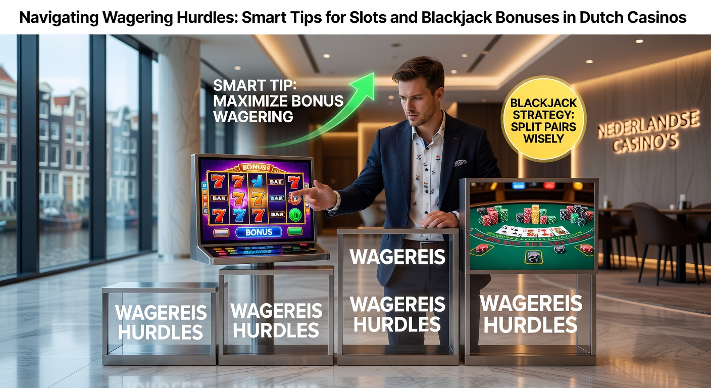 Grafiek met wagering requirements en bonusstructuren in Nederlandse online casinos, inclusief slots en blackjack iconen