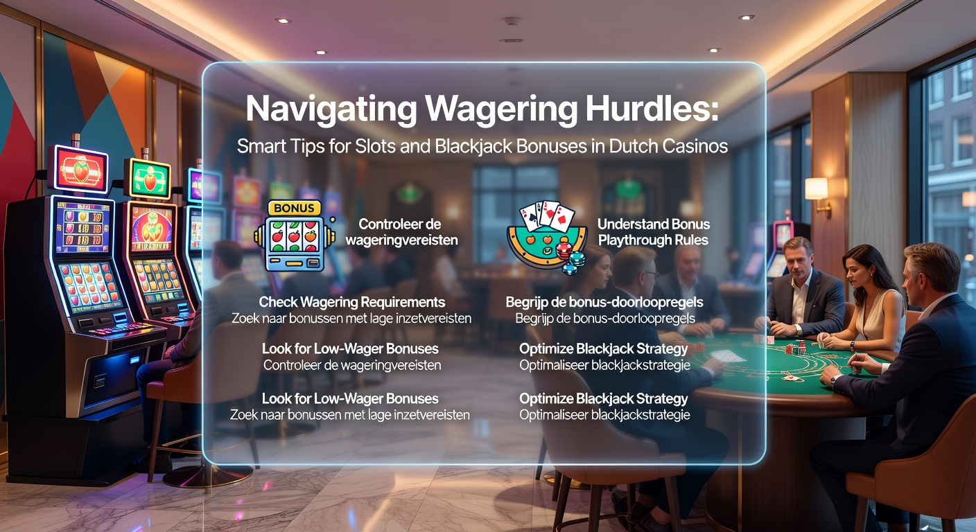 Blackjack-tafel met bonusoverlay en wagering-tracker, illustrerend strategie en progressie in Nederlandse live casino-omgeving