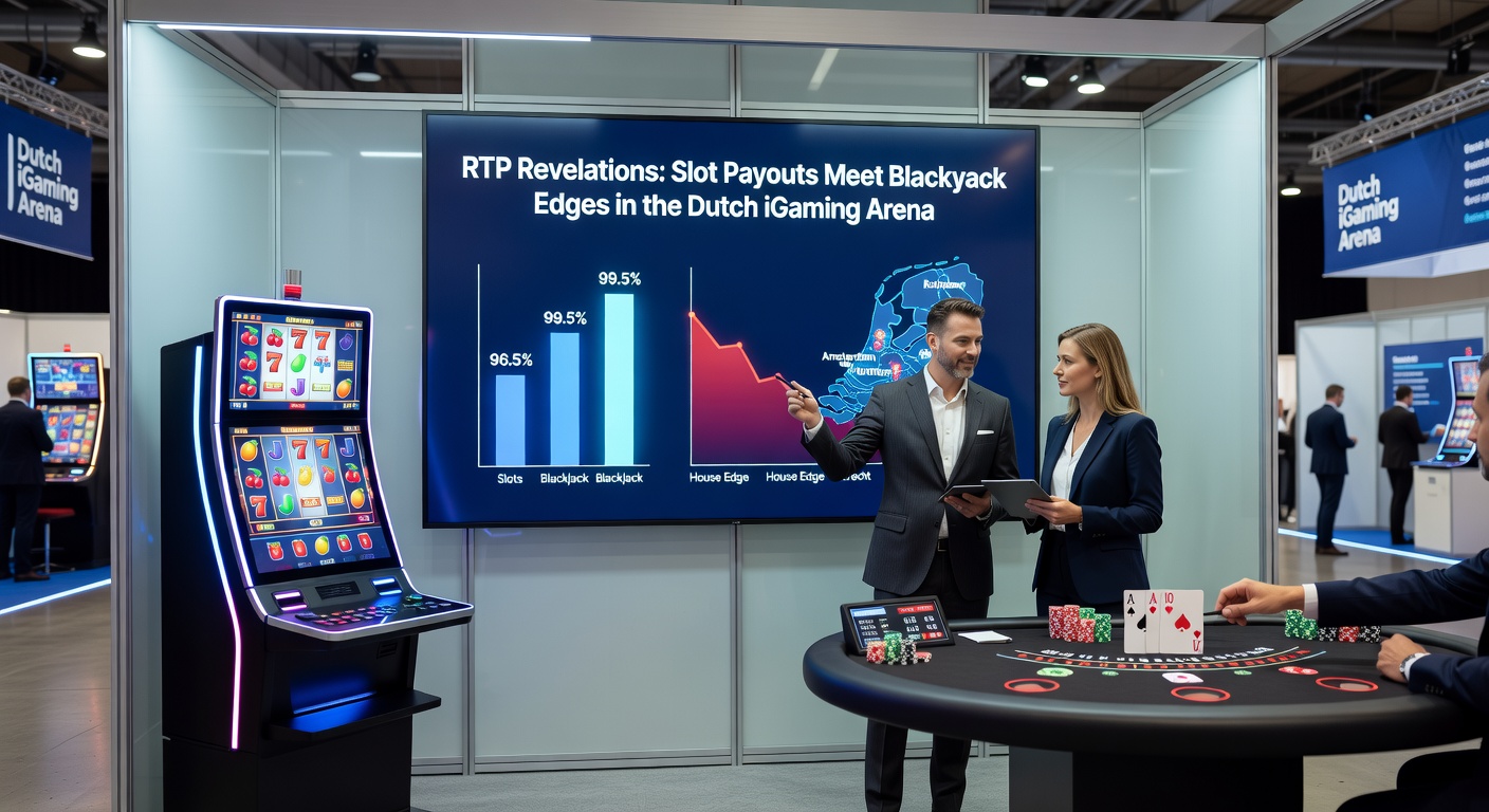 Vergelijkende infographic van RTP-curves voor slots en house edge grafieken voor blackjack, met Nederlandse casino logos en statistieken uit 2026